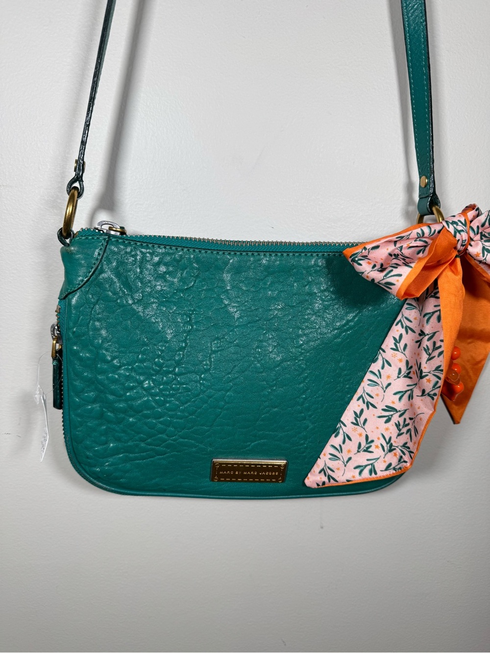 Marc by Marc Jacobs Teal Leather Crossbody with Scarf Tie and charm.